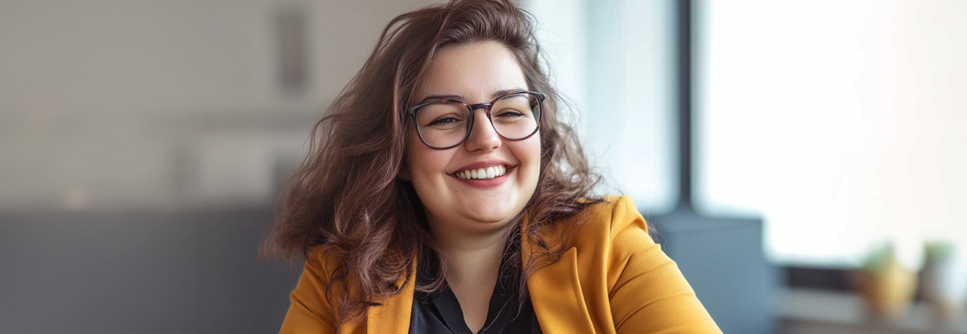 Lachende junge Frau mit Brille und gelber Jacke